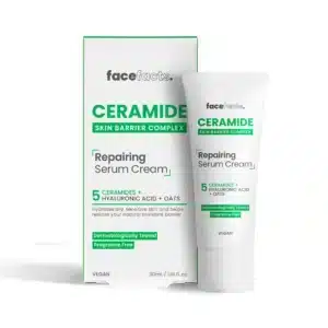Face Facts Ceramide Repairing Serum Cream 30 ml bottle standing upright on a clean white background, showing minimalist beige label with gold accents highlighting “5 Ceramides” and “Fragrance‑Free” claims.
