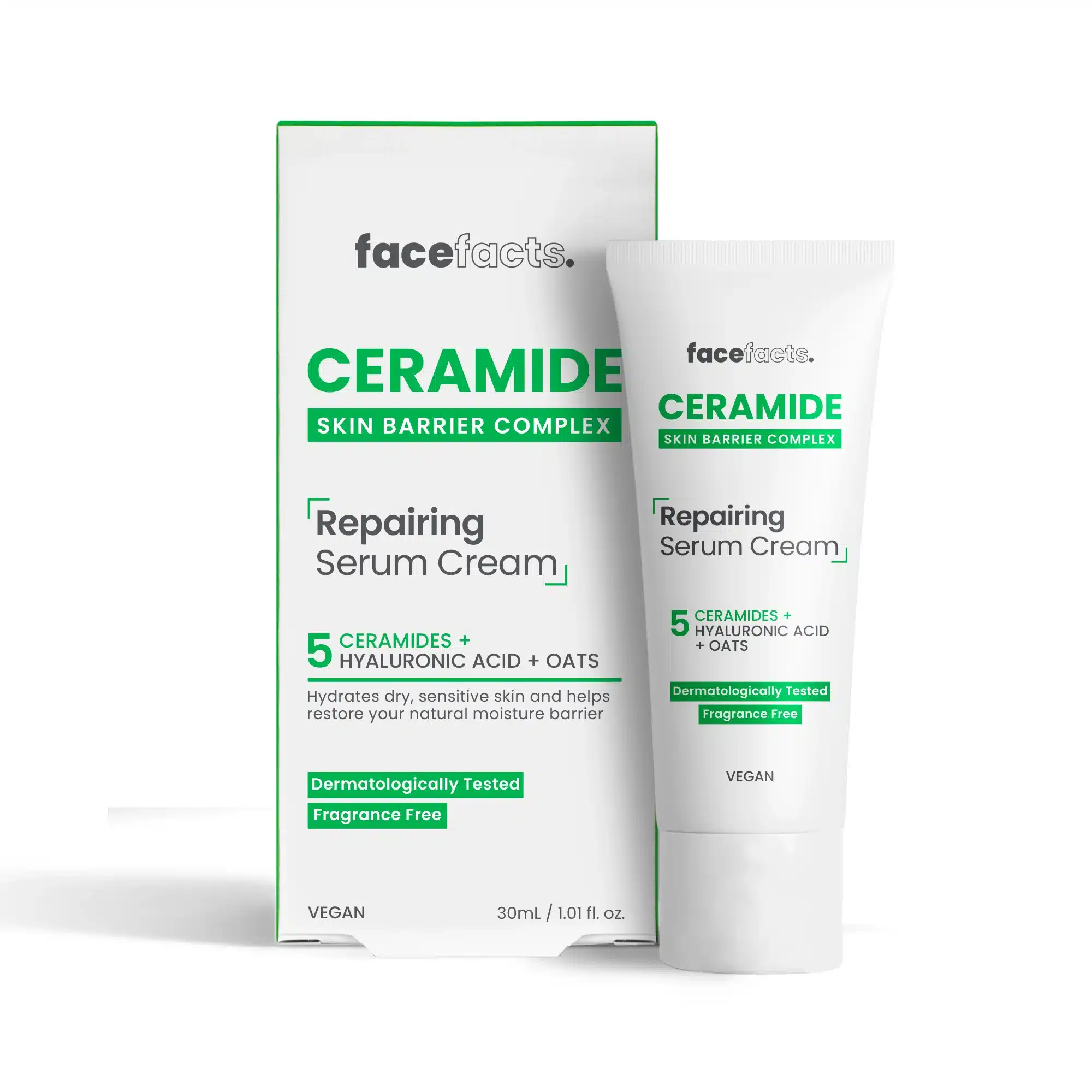Face Facts Ceramide Repairing Serum Cream 30 ml bottle standing upright on a clean white background, showing minimalist beige label with gold accents highlighting “5 Ceramides” and “Fragrance‑Free” claims.