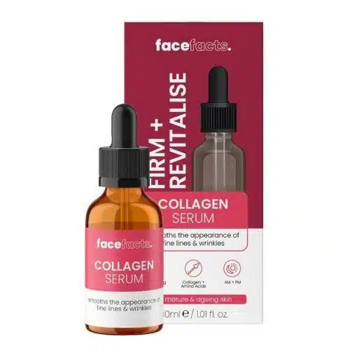30 ml bottle of Face Facts Firm + Revitalise Collagen Serum standing upright on a clean white background; clear, pale‑gold liquid inside a sleek dropper bottle with teal label, highlighting collagen and Q10 formula for firming and anti‑ageing benefits.