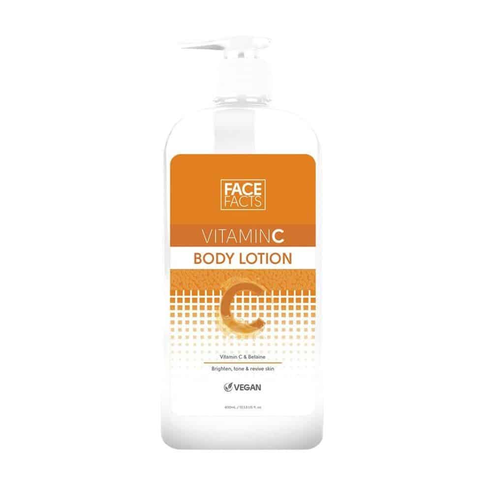 Face Facts Vitamin C Body Lotion 400 ml—tall white pump bottle with vibrant orange and yellow label reading ‘Brighten + Revive’, standing upright on a pure white background, ideal for ecommerce display.