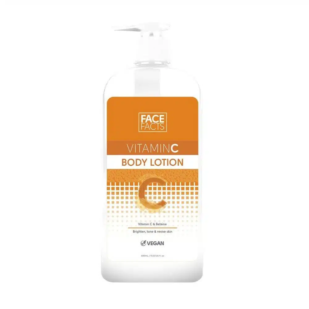 Face Facts Vitamin C Body Lotion 400 ml—tall white pump bottle with vibrant orange and yellow label reading ‘Brighten + Revive’, standing upright on a pure white background, ideal for ecommerce display.