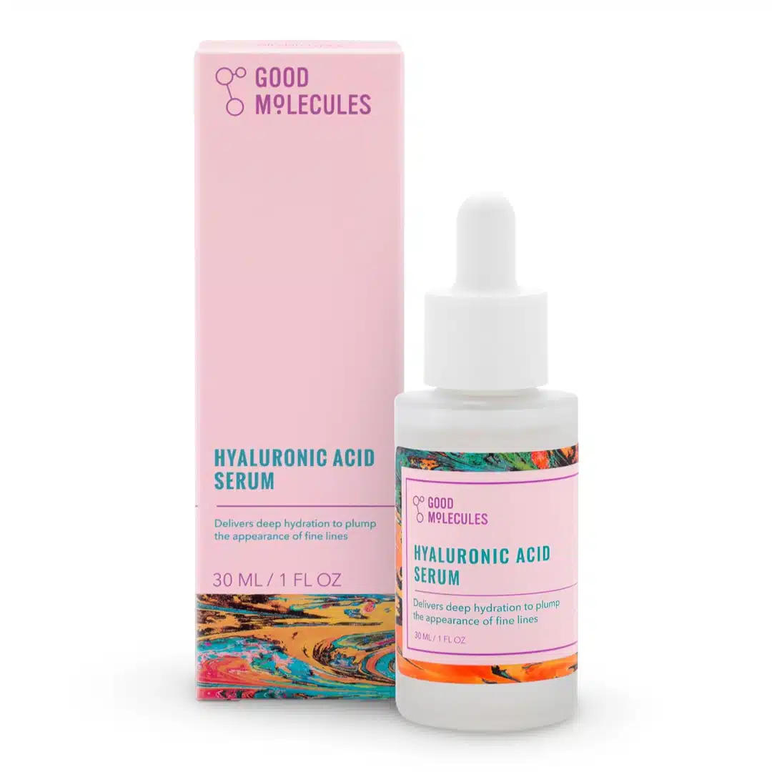 Clear 30 ml glass dropper bottle of GOOD MOLECULES Hyaluronic Acid Serum with bright yellow label, filled with colourless, water-light liquid, standing on a pure white background.