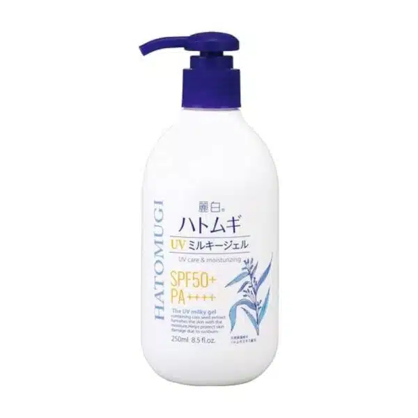 Front‑facing bottle of Hatomugi UV Milky Gel SPF 50+ PA++++, 250 ml pump, on a white background—highlighting Japanese sunscreen’s lightweight milky texture and broad‑spectrum protection.