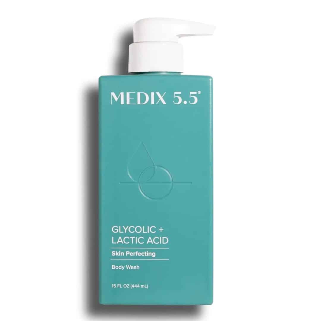 MEDIX 5.5 Glycolic + Lactic Acid Perfecting Body Wash, 15-fl-oz white bottle with mint-green label and flip cap, standing upright on a clean white background