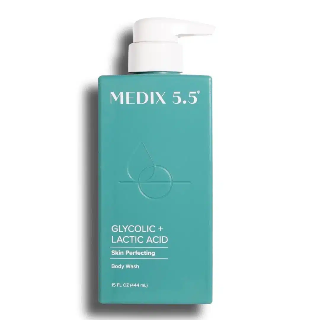 MEDIX 5.5 Glycolic + Lactic Acid Perfecting Body Wash, 15-fl-oz white bottle with mint-green label and flip cap, standing upright on a clean white background