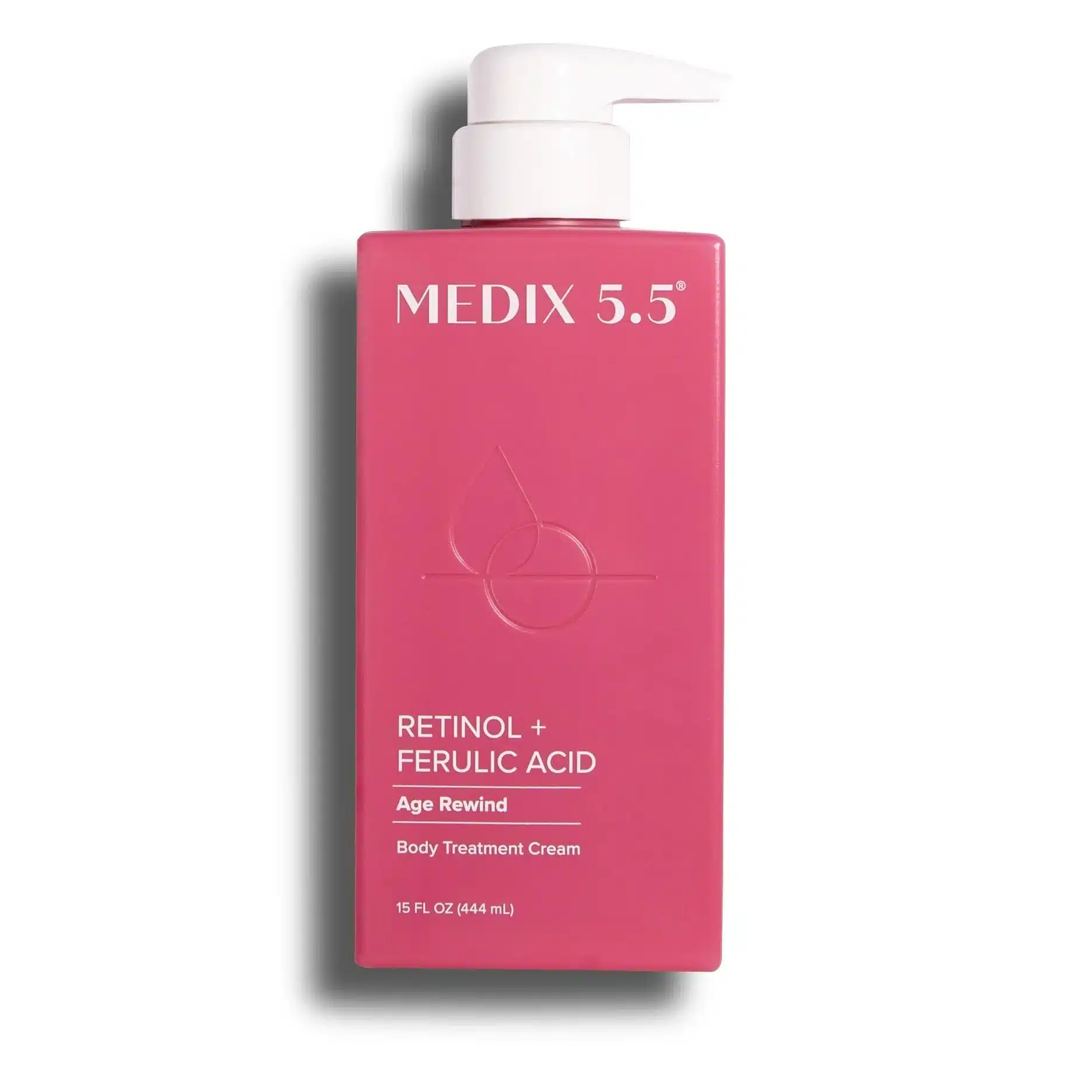 Front-facing white-background photo of a 15 fl oz MEDIX 5.5 Retinol + Ferulic Acid Age Rewind Body Treatment Cream bottle, displaying golden label accents and “5.5 % Retinol + Ferulic Acid” call-out.
