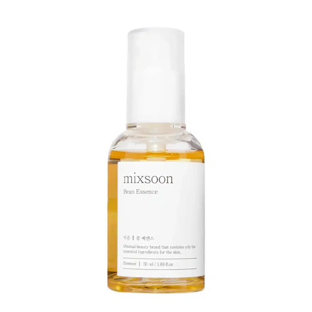 MIXSOON Bean Essence 50ml bottle featuring a minimalist design with a white label and pump dispenser, containing a honey-colored gel, photographed against a white background.