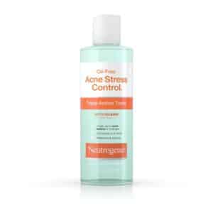 Front-facing product photo of an 8-fl-oz clear plastic bottle labeled “Neutrogena Oil-Free Acne Stress Control Triple-Action Toner” with teal-green liquid, white cap, and orange banner, standing on a pure white background.