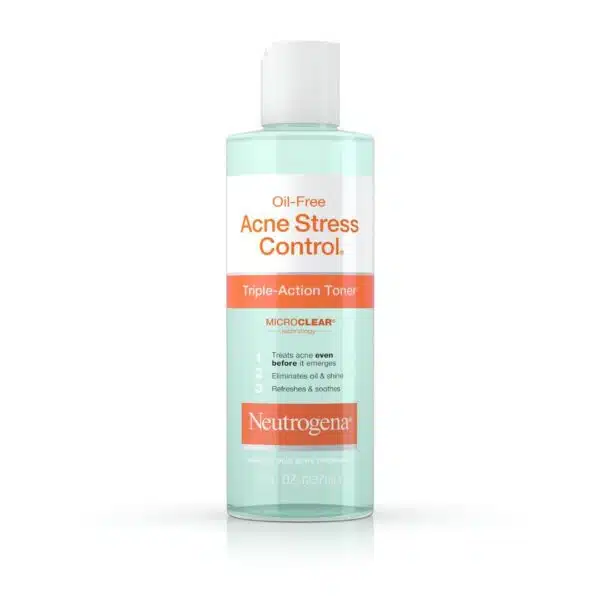 Front-facing product photo of an 8-fl-oz clear plastic bottle labeled “Neutrogena Oil-Free Acne Stress Control Triple-Action Toner” with teal-green liquid, white cap, and orange banner, standing on a pure white background.