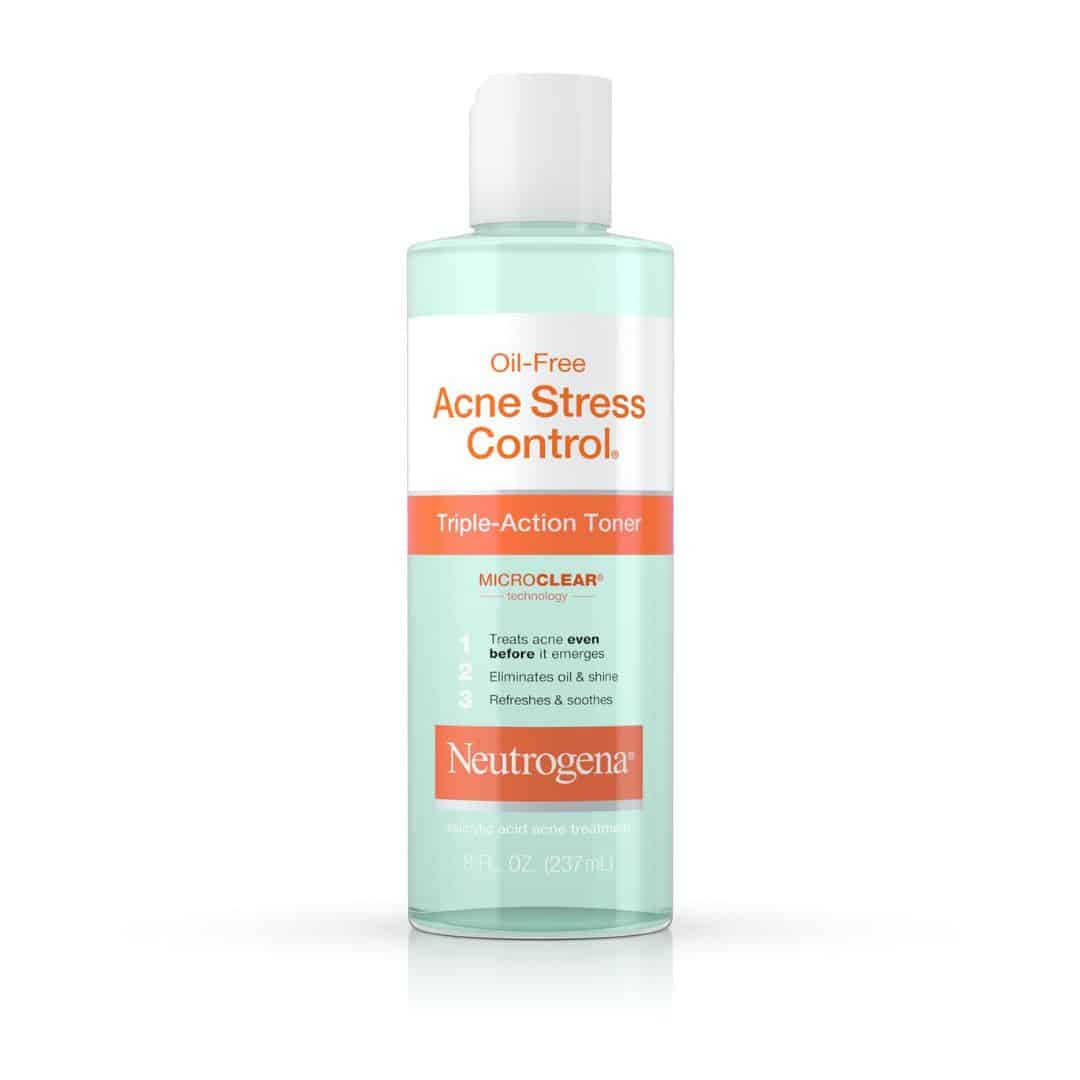 Front-facing product photo of an 8-fl-oz clear plastic bottle labeled “Neutrogena Oil-Free Acne Stress Control Triple-Action Toner” with teal-green liquid, white cap, and orange banner, standing on a pure white background.