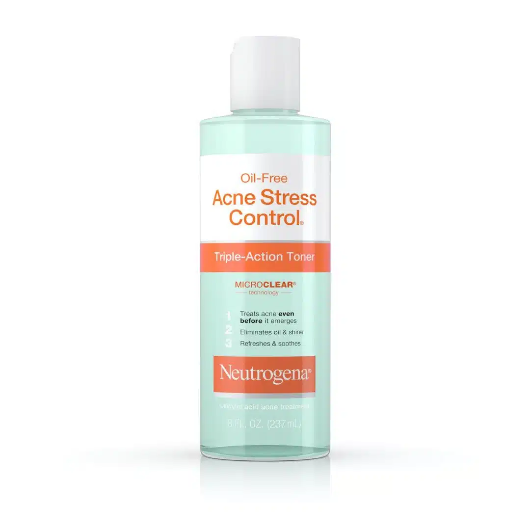 Front-facing product photo of an 8-fl-oz clear plastic bottle labeled “Neutrogena Oil-Free Acne Stress Control Triple-Action Toner” with teal-green liquid, white cap, and orange banner, standing on a pure white background.