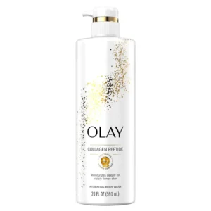 Front-facing bottle of Olay Cleansing & Firming Body Wash (20 fl oz) on a white background, showing the gold-and-pink label that highlights Vitamin B3 Complex and Collagen for firming, hydrating benefits.
