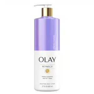 Front-facing pump bottle of Olay Retinol 24 Smoothing Nighttime Body Lotion (17 fl oz) on a pure white background, showing the purple label highlighting “Retinol 24” and “Vitamin B3 Complex,” with the golden Olay logo clearly visible.