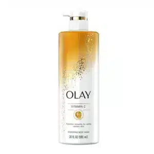 Front view of a 20-fl-oz bottle of OLAY Vitamin C Hydrating Body Wash against a white background, showing the vibrant yellow label highlighting Vitamin C and Vitamin B3 Complex for bright, hydrated skin.