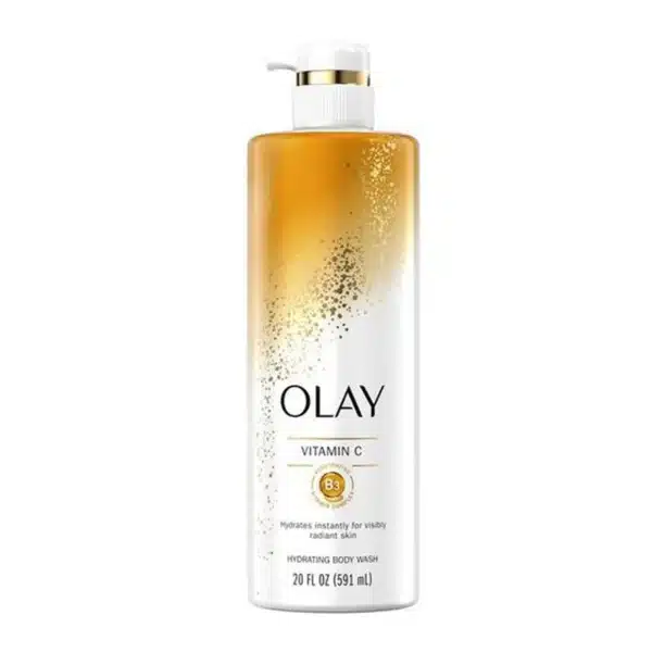 Front view of a 20-fl-oz bottle of OLAY Vitamin C Hydrating Body Wash against a white background, showing the vibrant yellow label highlighting Vitamin C and Vitamin B3 Complex for bright, hydrated skin.