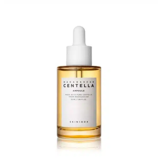 SKIN1004 Madagascar Centella Ampoule 55ml bottle with dropper, containing clear serum, designed for soothing and hydrating sensitive skin.