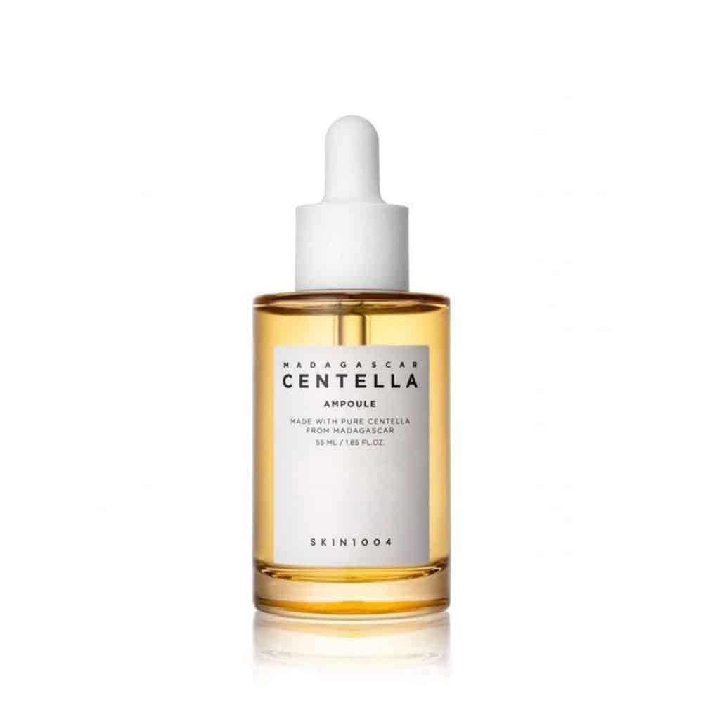 SKIN1004 Madagascar Centella Ampoule 55ml bottle with dropper, containing clear serum, designed for soothing and hydrating sensitive skin.