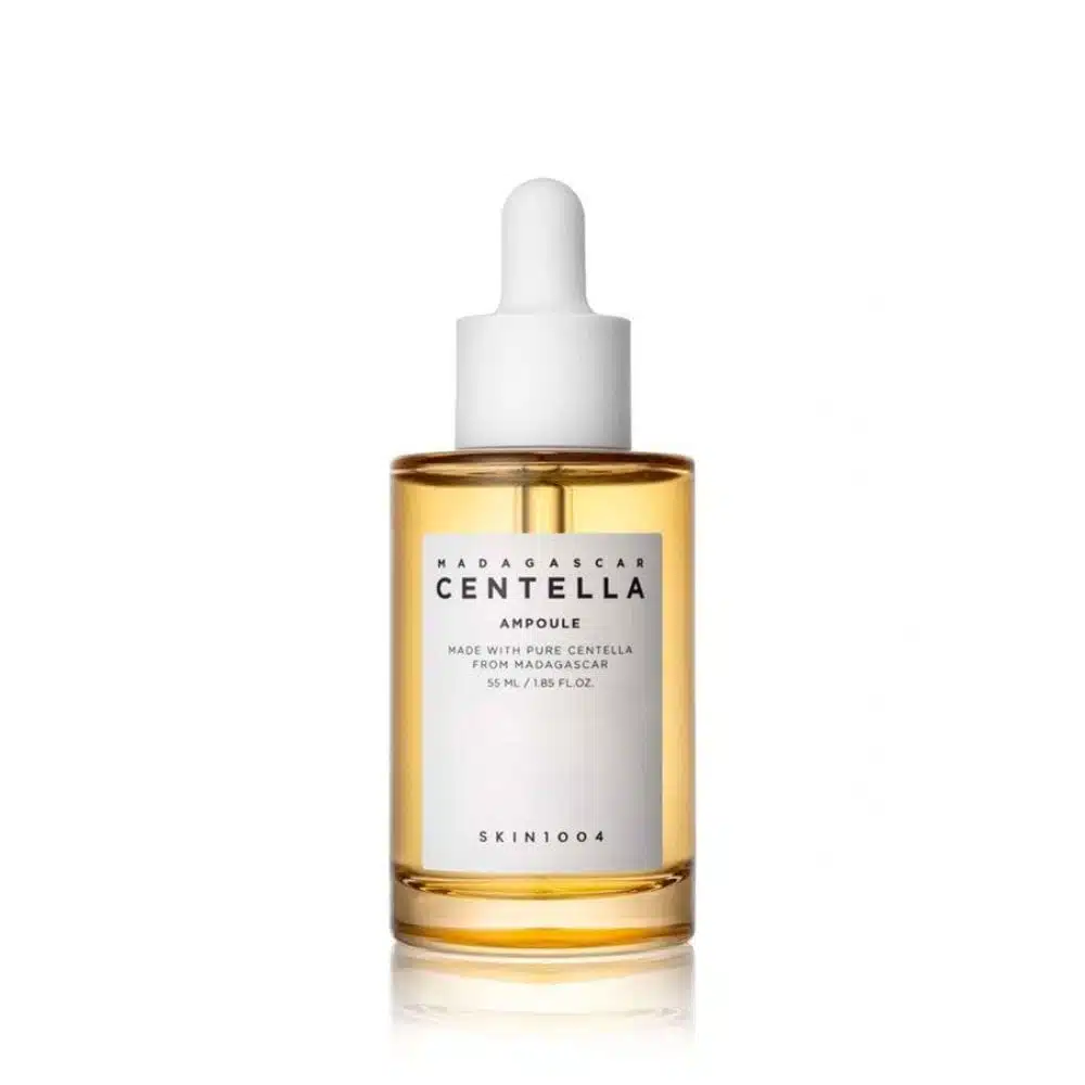 SKIN1004 Madagascar Centella Ampoule 55ml bottle with dropper, containing clear serum, designed for soothing and hydrating sensitive skin.