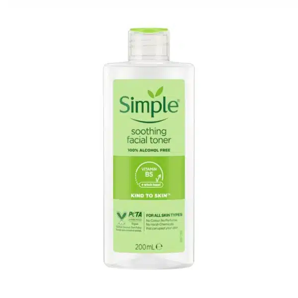ront-facing bottle of Simple Kind to Skin Soothing Facial Toner, 200 ml—clear, alcohol‑free formula for sensitive skin in a green‑labelled, 100 % recycled plastic container.