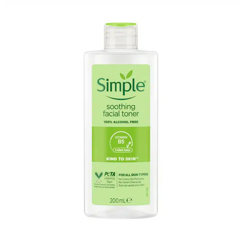 ront-facing bottle of Simple Kind to Skin Soothing Facial Toner, 200 ml—clear, alcohol‑free formula for sensitive skin in a green‑labelled, 100 % recycled plastic container.