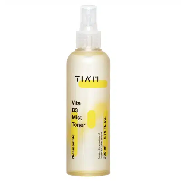 TIAM Vita B3 Mist Toner (200ml) on white background. Transparent spray bottle with golden cap, dispenses a fine mist for brightening hyperpigmentation and hydrating skin. Ideal for Ghana’s humidity, acne-prone, and sensitive skin types.
