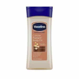 Front-facing bottle of Vaseline Intensive Care Cocoa Radiant Body Oil (200 ml) with pump dispenser on a clean white background, showing golden-brown gel oil inside the clear bottle and the cocoa-butter label for nourishing, radiant-skin benefits.