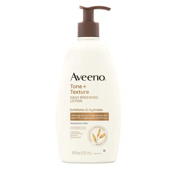Front-facing photo of an 18-ounce white pump bottle of AVEENO Tone + Texture Renewing Daily Renewing Lotion with green and blue label, captured on a pure white background, suitable for Ghanaian e-commerce product listing.