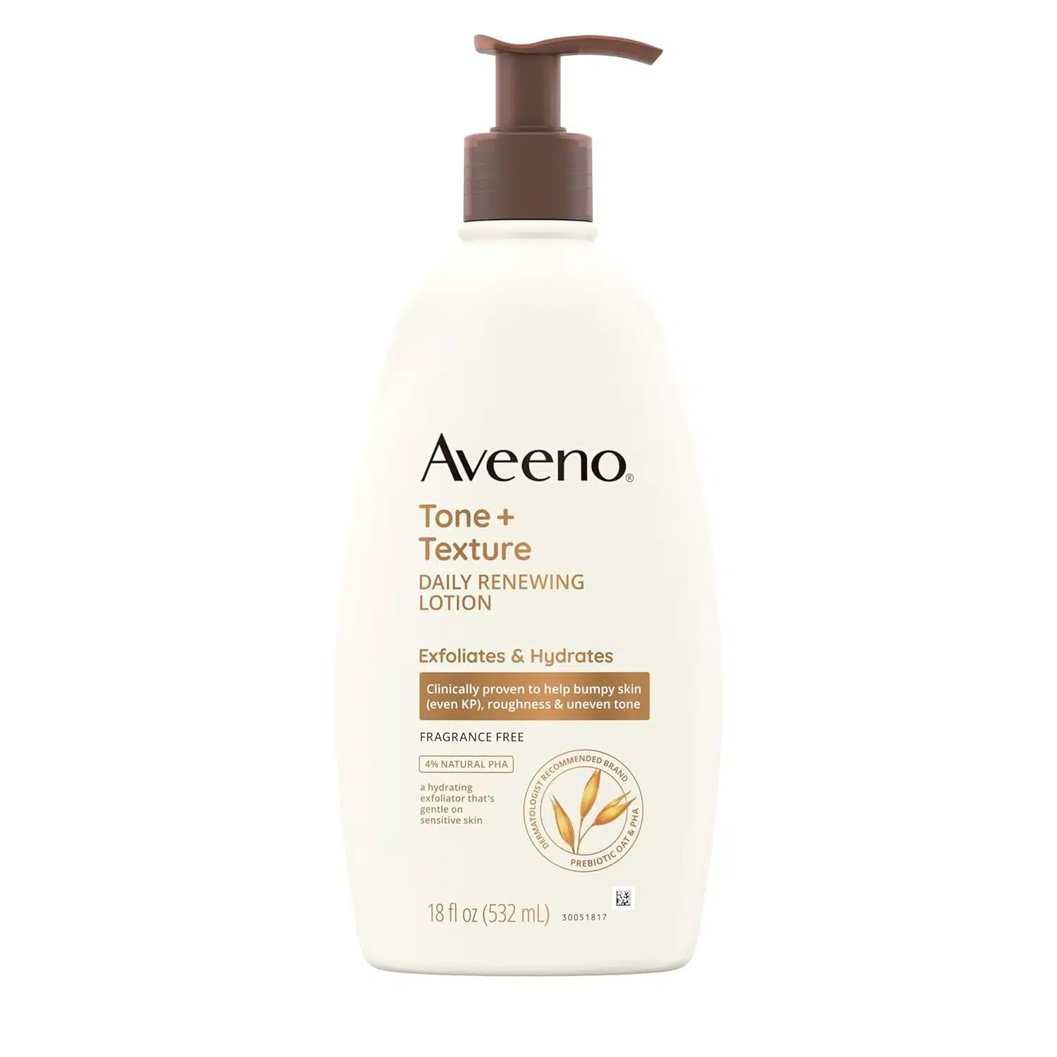 Front-facing photo of an 18-ounce white pump bottle of AVEENO Tone + Texture Renewing Daily Renewing Lotion with green and blue label, captured on a pure white background, suitable for Ghanaian e-commerce product listing.