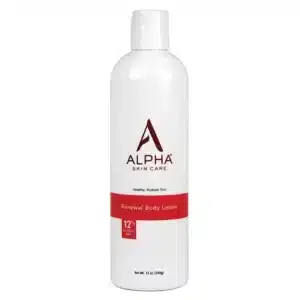 Alpha Skin Care Renewal Body Lotion 12 % Glycolic AHA – 12 oz pump bottle on a white background, showing red and silver label that highlights “12 % AHA” and “anti-ageing exfoliating body lotion” benefits.