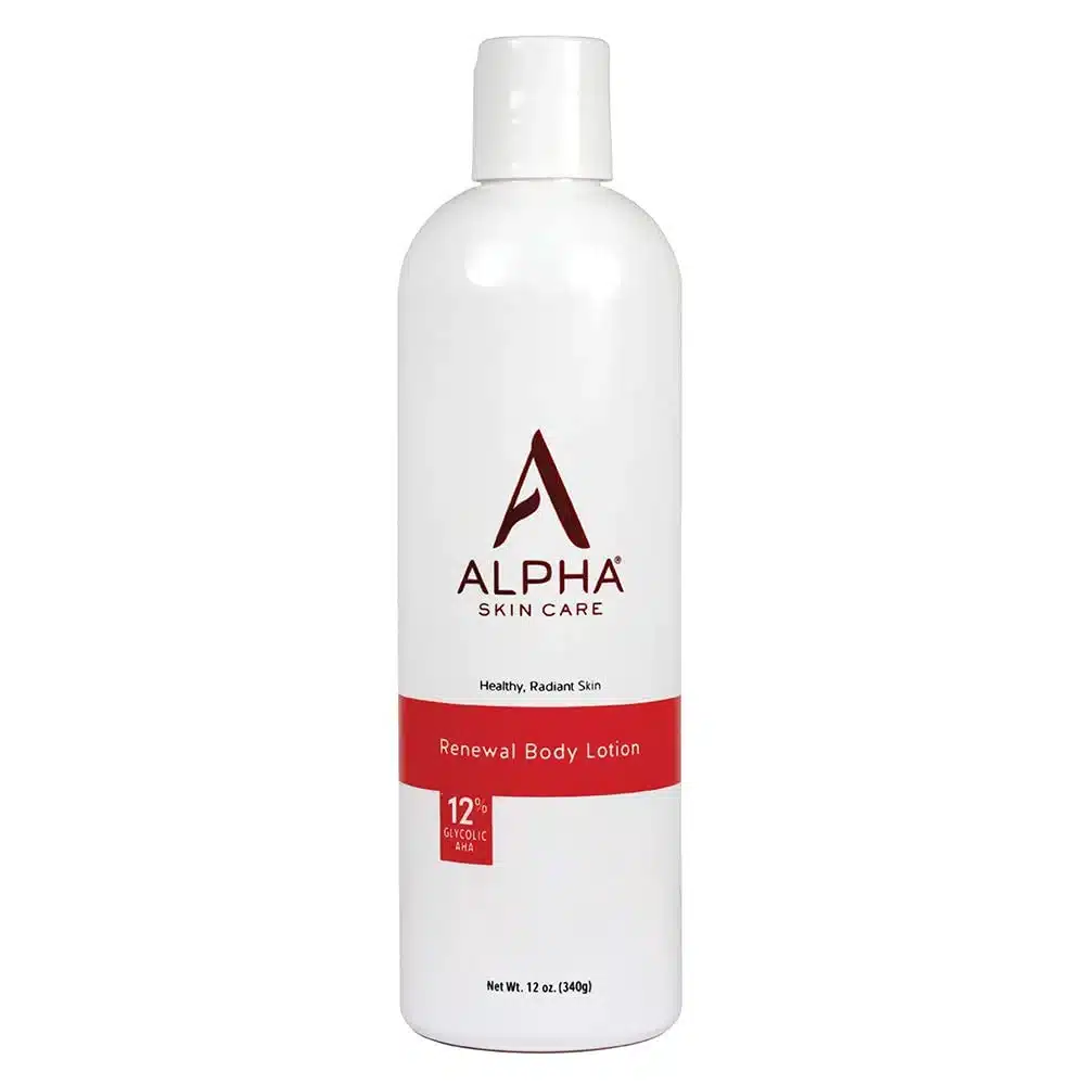 Alpha Skin Care Renewal Body Lotion 12 % Glycolic AHA – 12 oz pump bottle on a white background, showing red and silver label that highlights “12 % AHA” and “anti-ageing exfoliating body lotion” benefits.