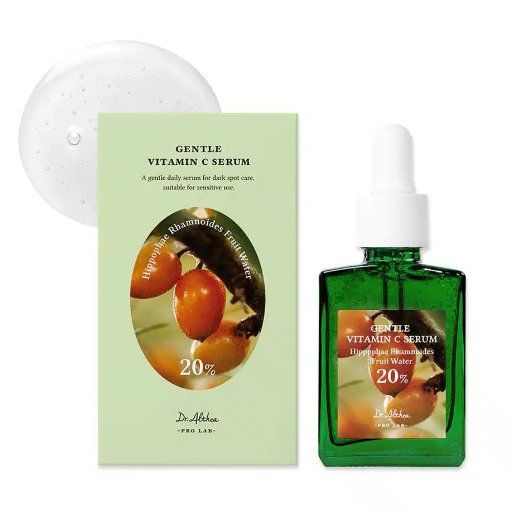 Dr. Althea Gentle Vitamin C Serum—30 ml clear bottle with white dropper cap, golden-tinted water-light serum visible inside; shot on a white background, conveying a clean, minimalist aesthetic aligned with Pure Skincare’s brand.