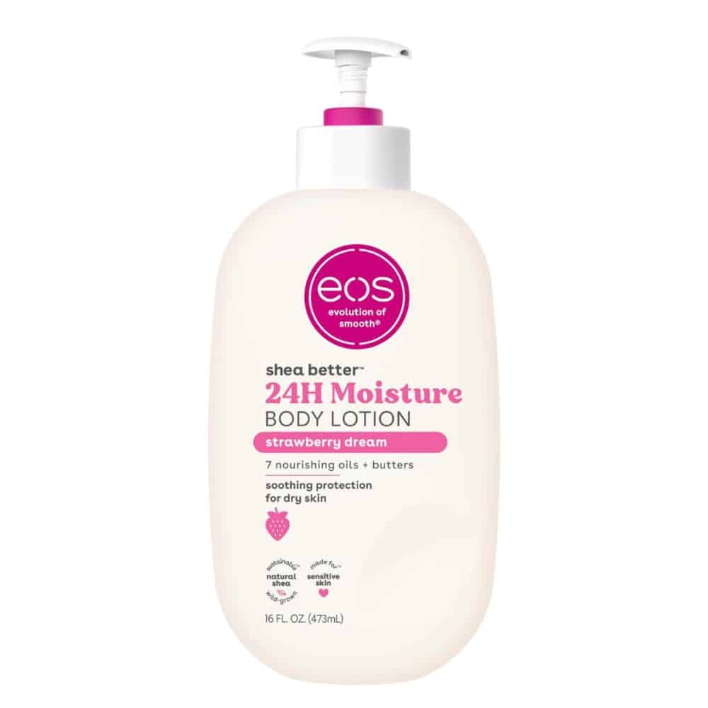 Front view of a 16 oz bottle of EOS Shea Better 24H Moisture Body Lotion in Strawberry Dream scent, standing on a white background—pink-label packaging with strawberry graphics, highlighting vegan, cruelty-free, 24-hour hydration benefits and Pure Skincare Ghana authenticity.