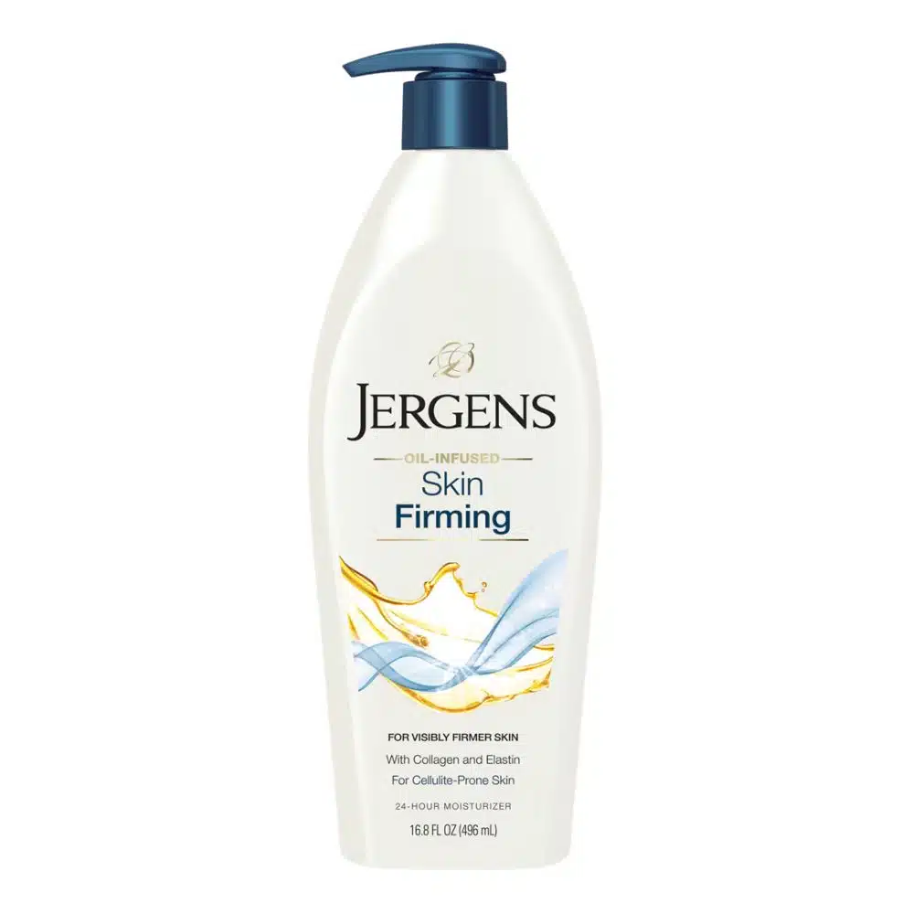 Front-view bottle of JERGENS Skin Firming Body Lotion, 16.8 oz, with teal pump and white label highlighting collagen, elastin, and Hydralucence™ benefits, photographed on a crisp white background for clear product detail.
