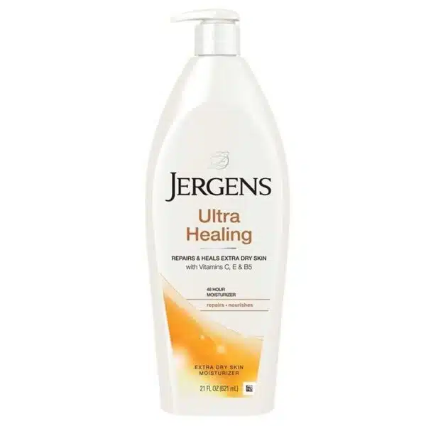 Front-facing bottle of JERGENS Ultra Healing Extra Dry Skin Moisturiser, 21 oz, with gold pump top and white label, photographed on a clean white background to highlight the lotion’s Hydralucence™ and vitamin C, E, B5 benefits.