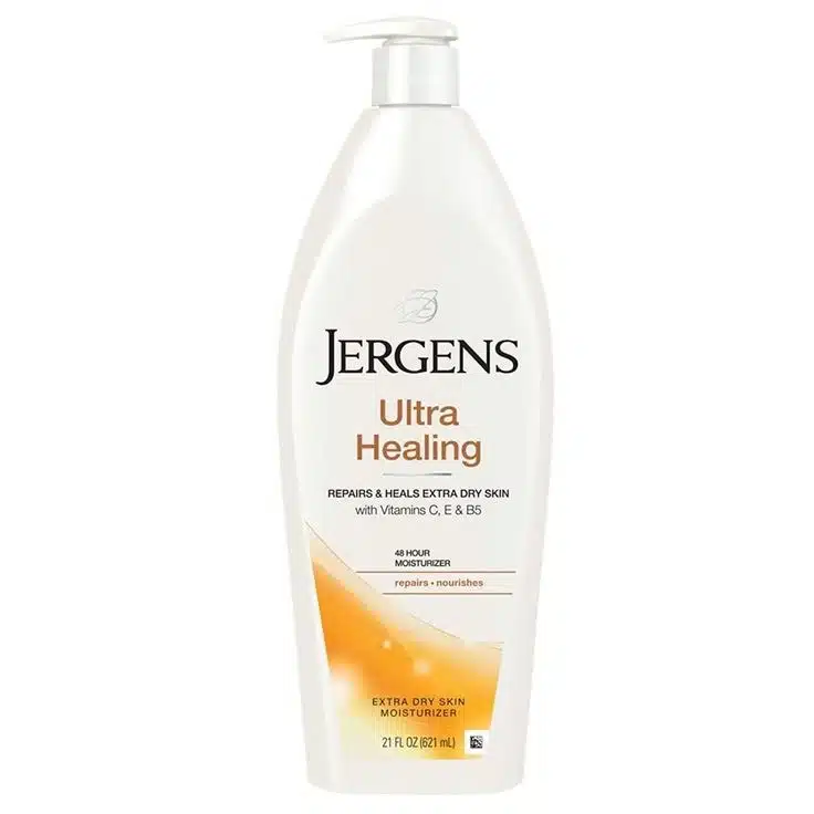 Front-facing bottle of JERGENS Ultra Healing Extra Dry Skin Moisturiser, 21 oz, with gold pump top and white label, photographed on a clean white background to highlight the lotion’s Hydralucence™ and vitamin C, E, B5 benefits.