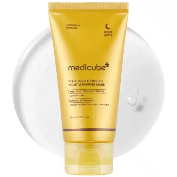 Front view of a 75 ml tube of Medicube Kojic Acid Turmeric Night Wrapping Mask on a pure white background, showing the orange-gold gel texture that delivers overnight brightening with kojic acid, turmeric and retinol—ideal for fading dark spots and boosting radiance for all skin types.