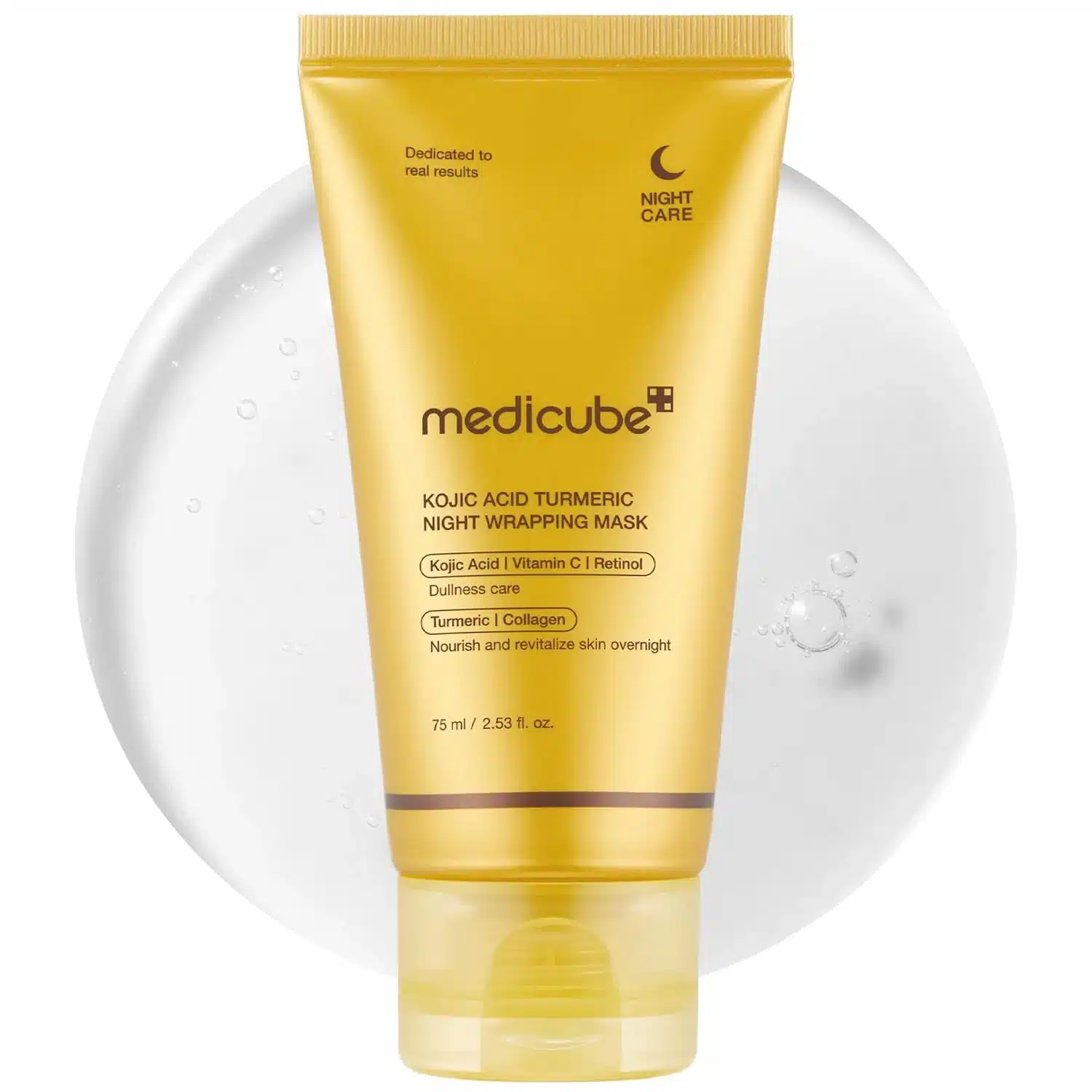 Front view of a 75 ml tube of Medicube Kojic Acid Turmeric Night Wrapping Mask on a pure white background, showing the orange-gold gel texture that delivers overnight brightening with kojic acid, turmeric and retinol—ideal for fading dark spots and boosting radiance for all skin types.