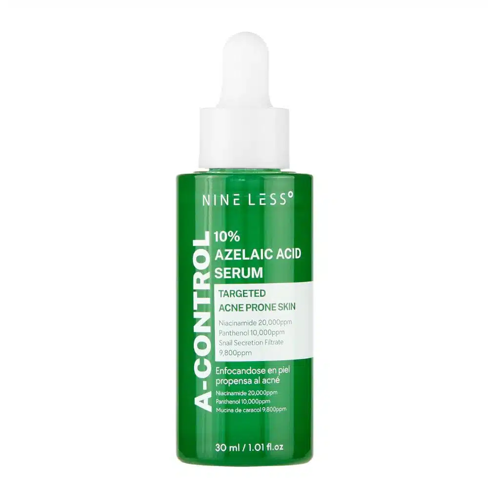 Nineless A-Control 10 % Azelaic Acid Serum 30 ml dropper on white background, lightweight formula for acne, redness, spots.