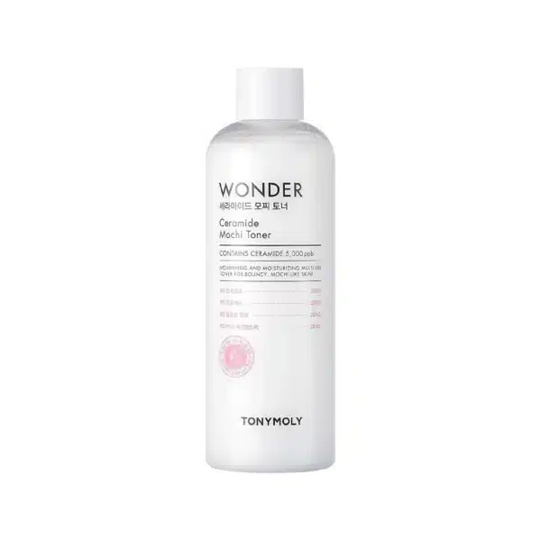 Clear 500 ml bottle of TONYMOLY Wonder Ceramide Mochi Toner with golden cap and minimal label, photographed upright on a pure white background, showcasing its milky hydrating formula for barrier repair and deep moisture.