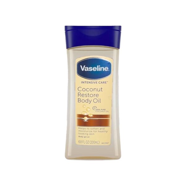 200 ml bottle of Vaseline Coconut Restore Body Oil standing upright on a pure white background; clear gel-oil formula visible through the bottle with tropical coconut imagery and Vaseline blue logo, highlighting quick-absorbing, restorative body care available at Pure Skincare Ghana.